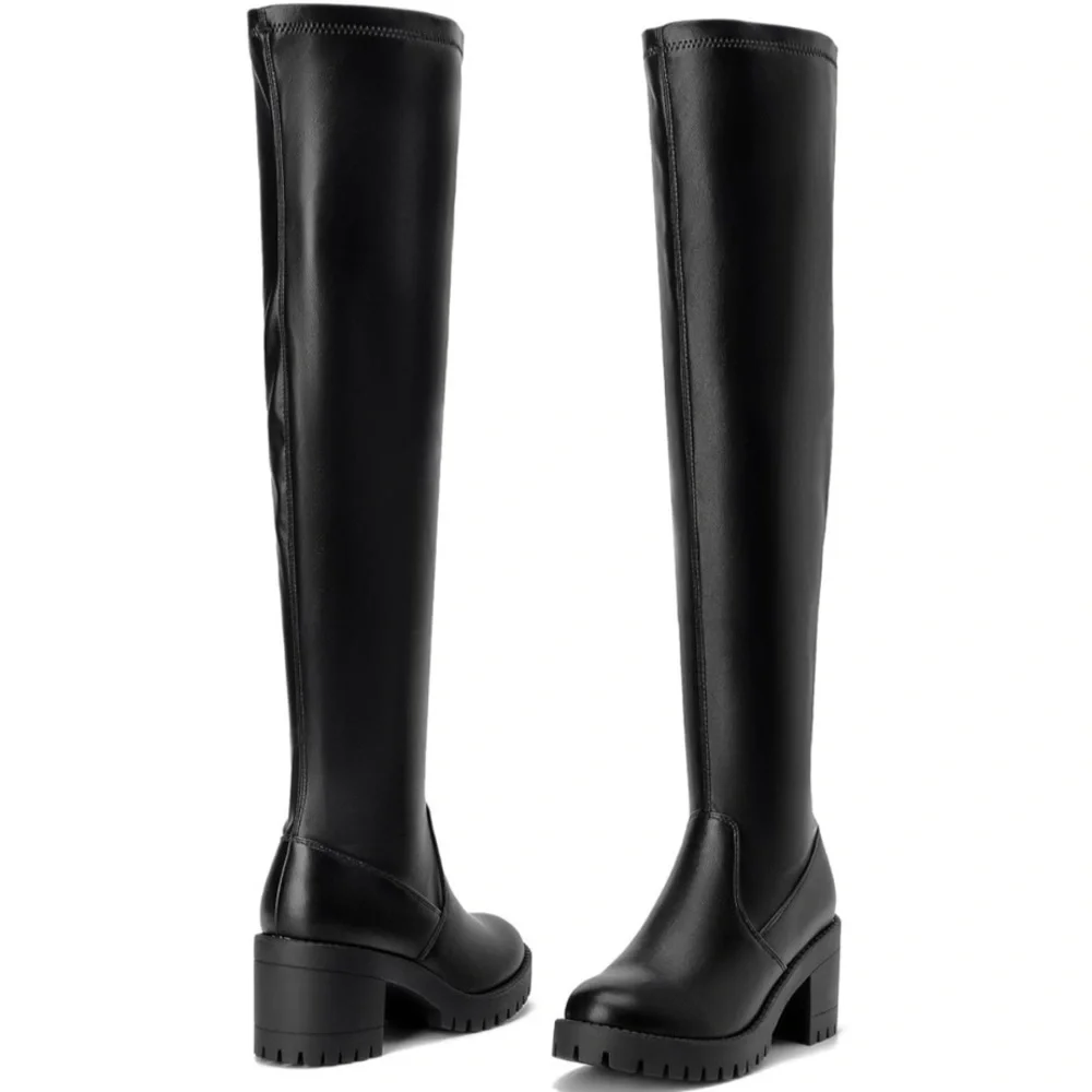 Black Block Heel Platform Over The Knee Boots